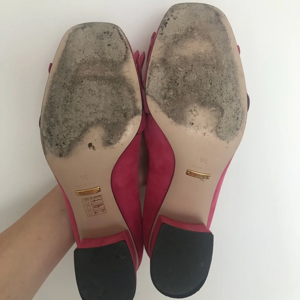 Gucci Pink Suede Block Heel Loafers with Gold Double G - Picture 3 of 5